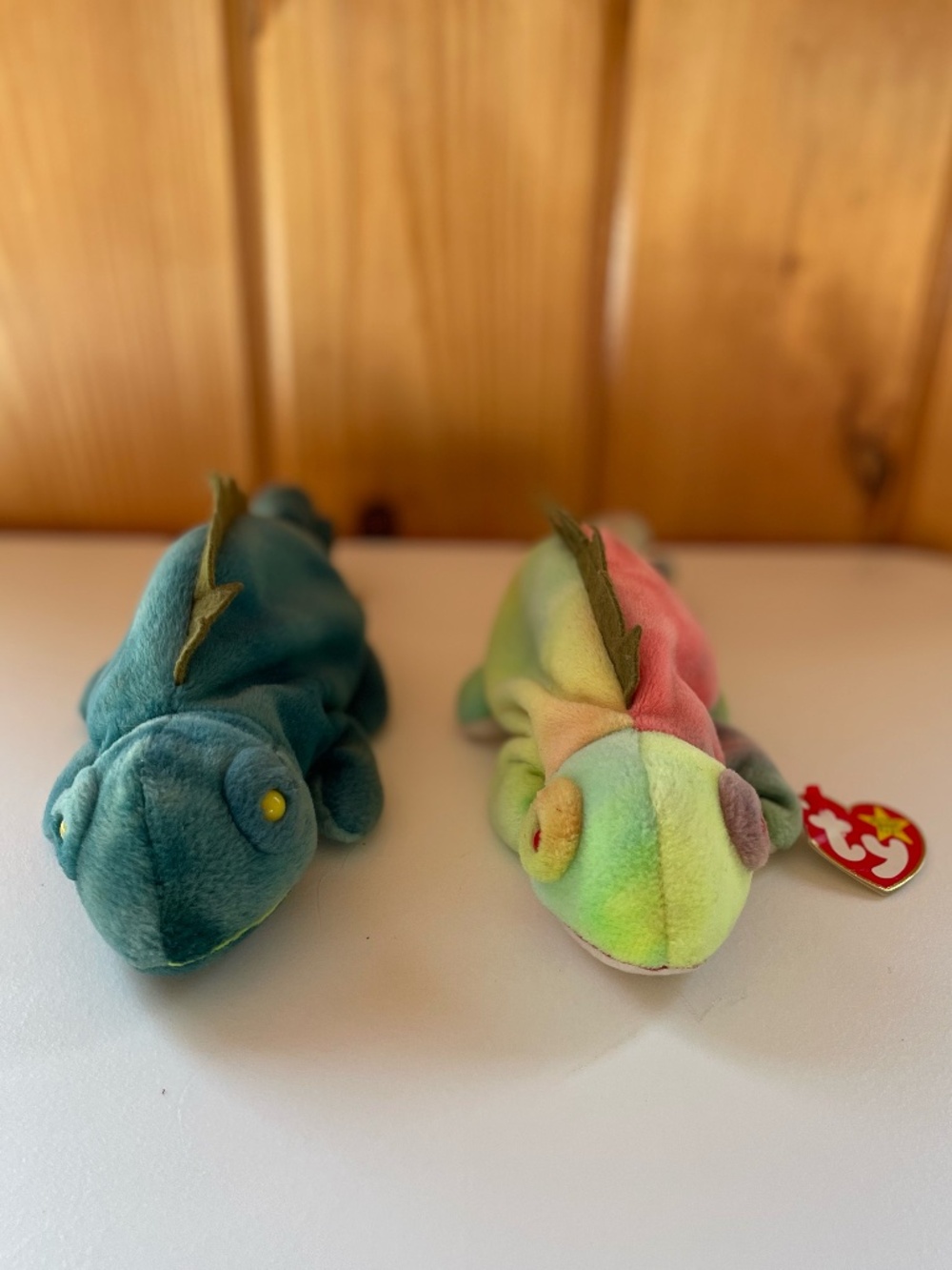 1997 Ty Beanie Baby Swapped Fabric Example - Iggy & Rainbow - with tag on foot